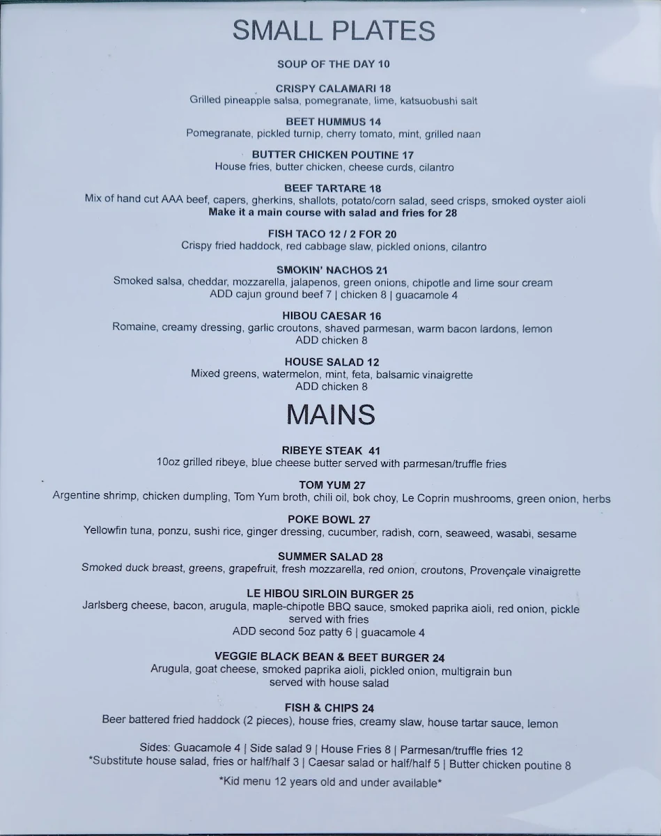 Menu, Cafe Le Hibou