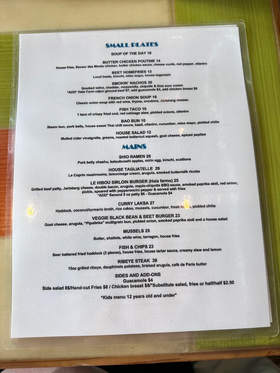 Menu, Cafe Le Hibou