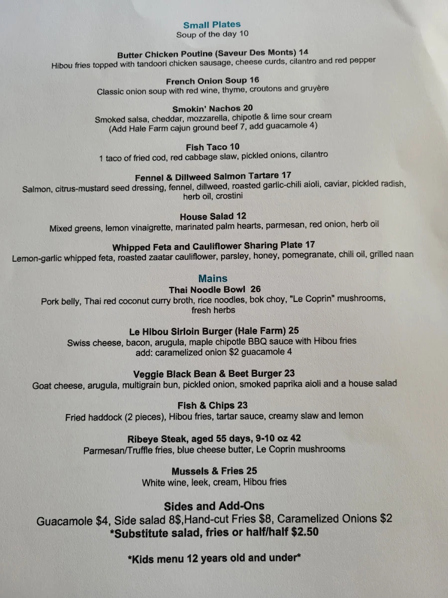 Menu, Cafe Le Hibou