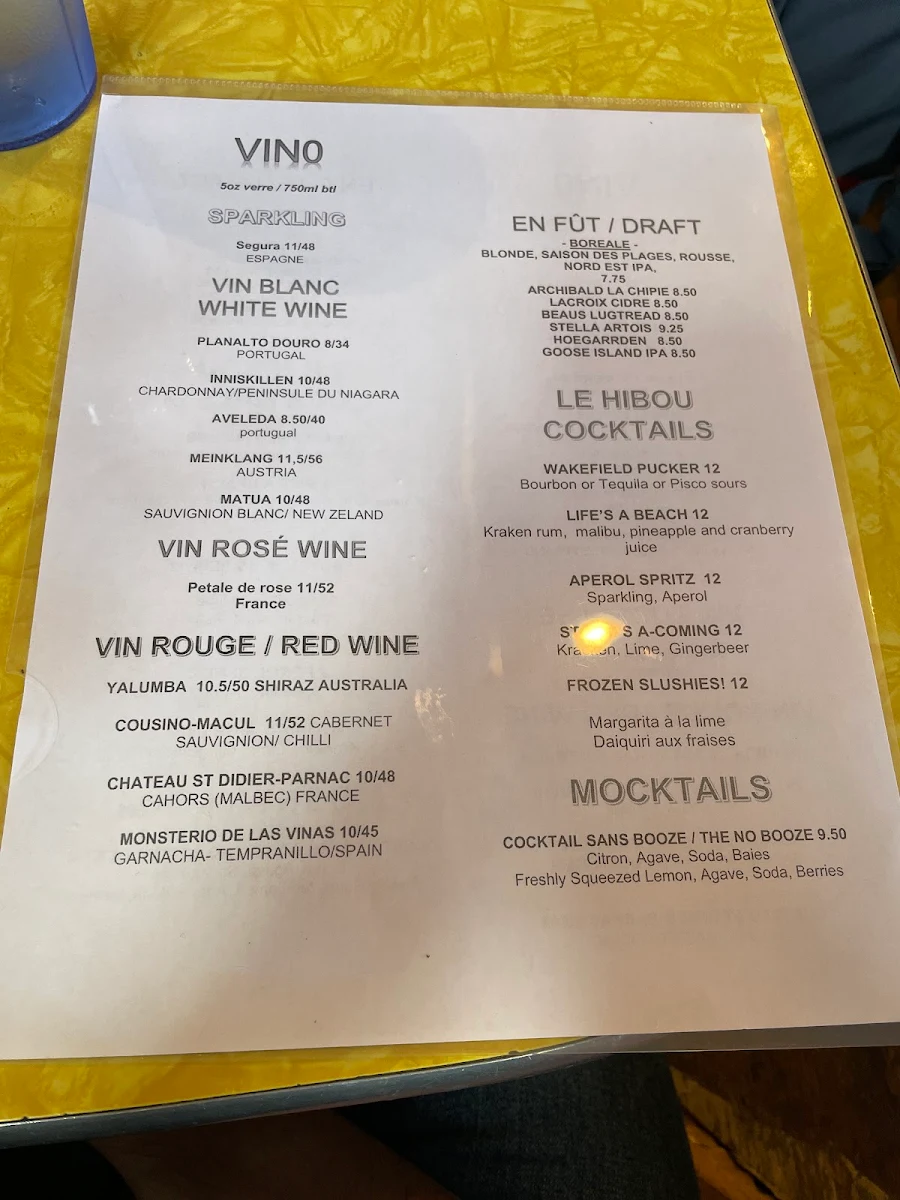 Menu, Cafe Le Hibou