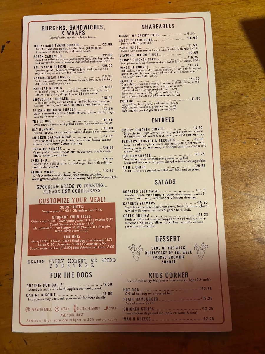 Menu, Last Chance Saloon
