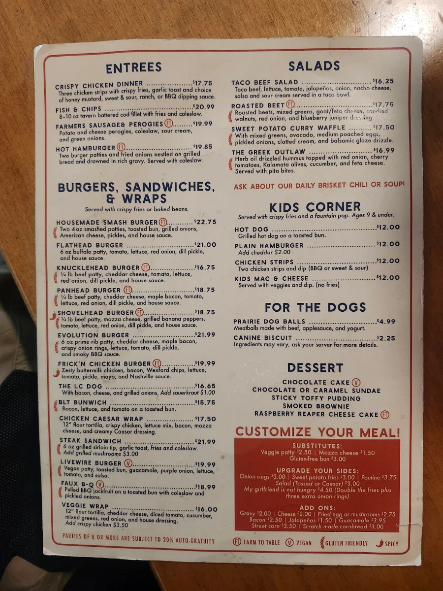 Menu, Last Chance Saloon