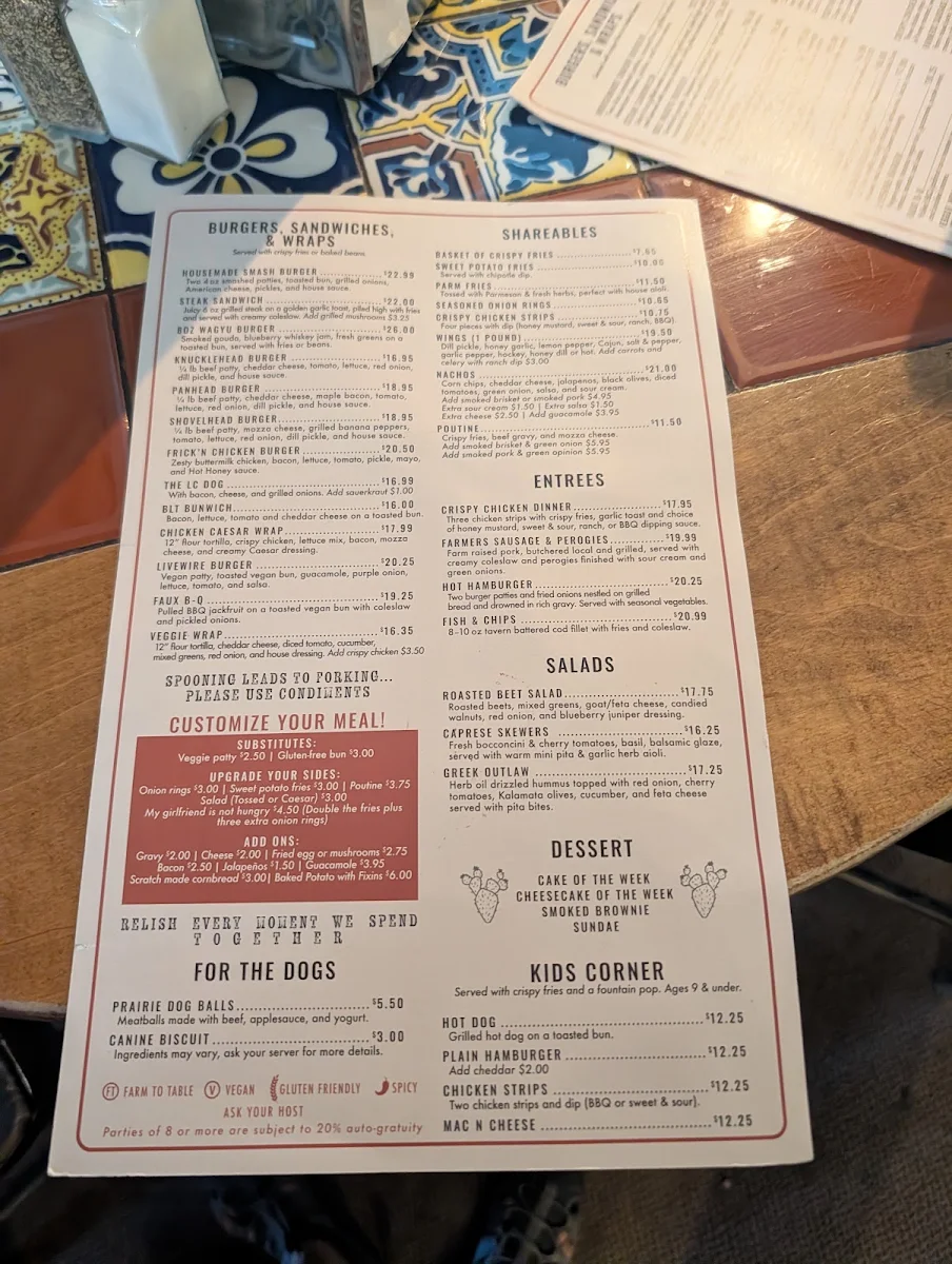 Menu, Last Chance Saloon