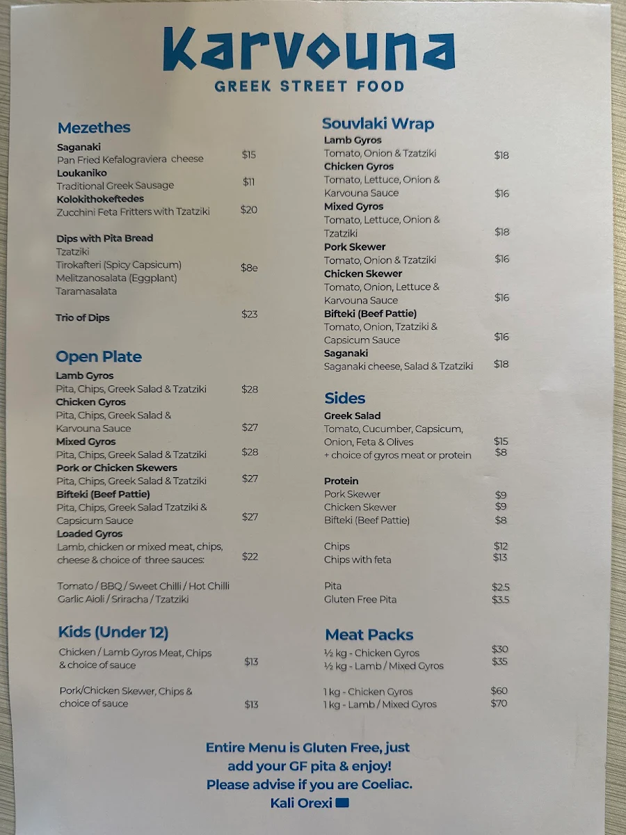 Menu, Karvouna Greek Street Food