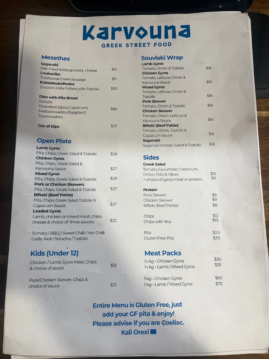 Menu, Karvouna Greek Street Food