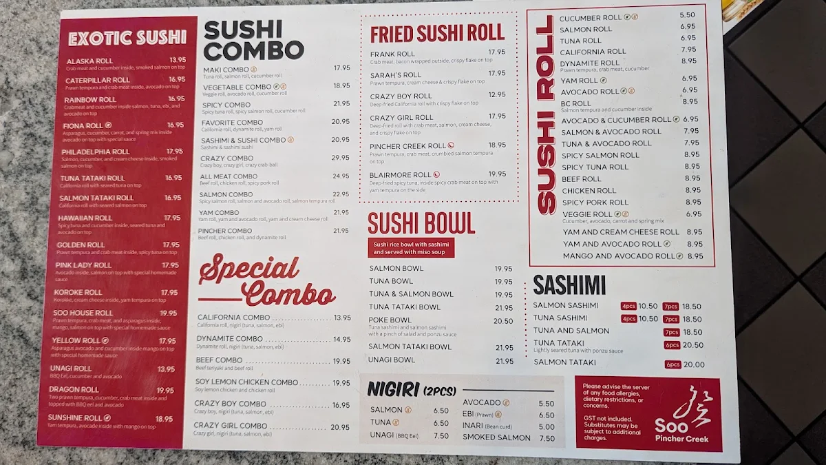 Menu, Soo Sushi Pincher Creek