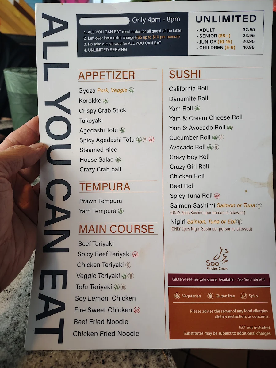Menu, Soo Sushi Pincher Creek