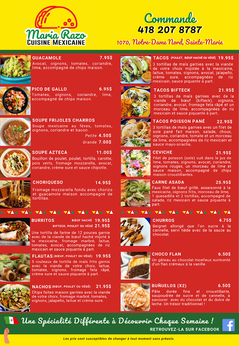 Menu, Maria Razo Cuisine Mexicaine