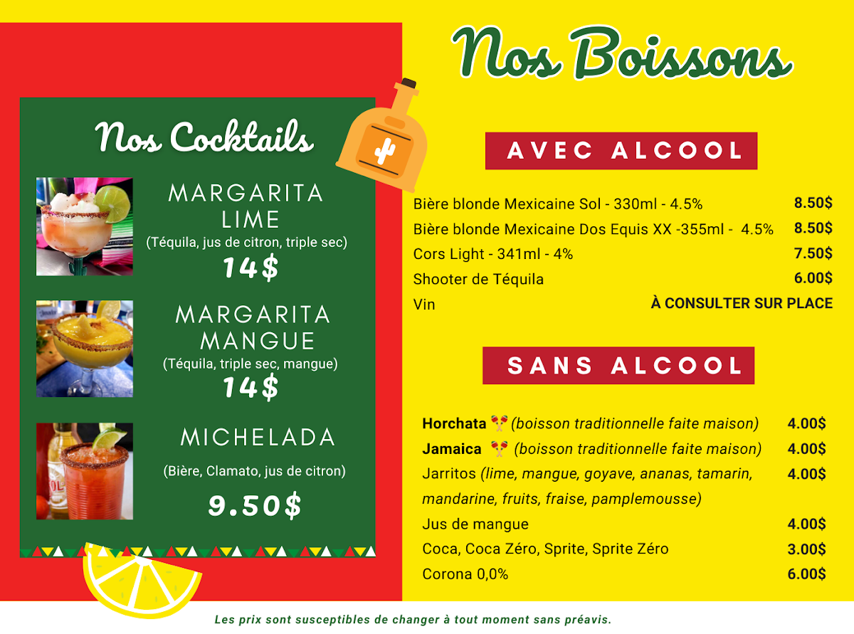 Menu, Maria Razo Cuisine Mexicaine