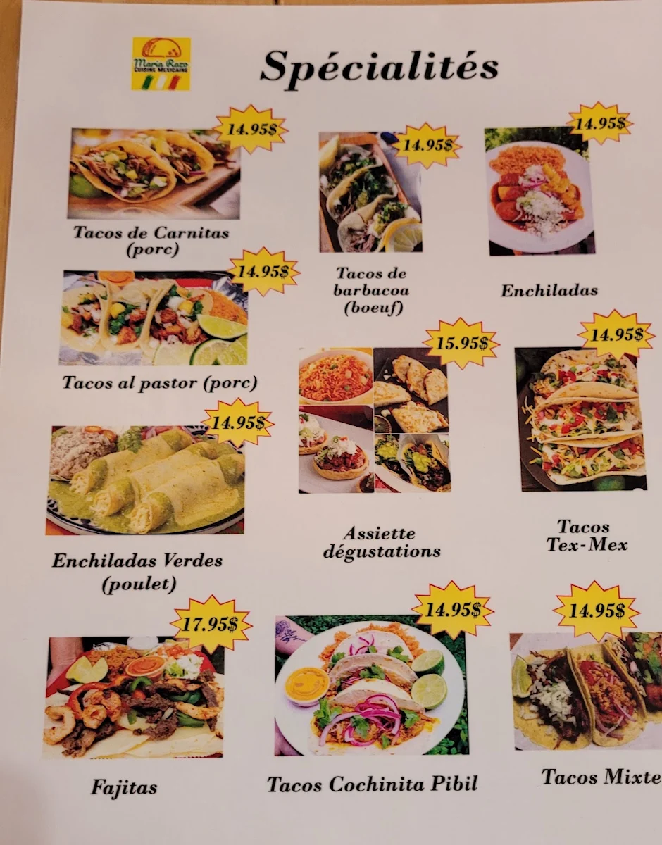 Menu, Maria Razo Cuisine Mexicaine
