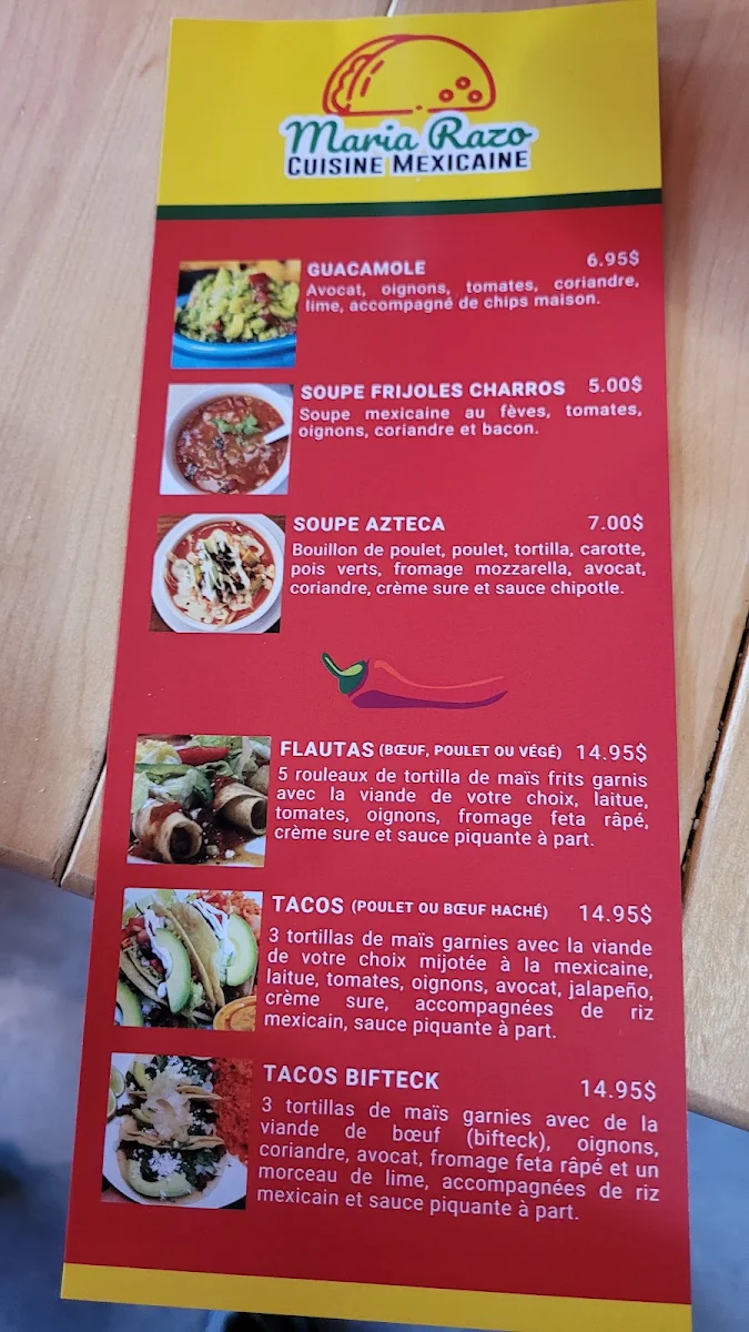 Menu, Maria Razo Cuisine Mexicaine