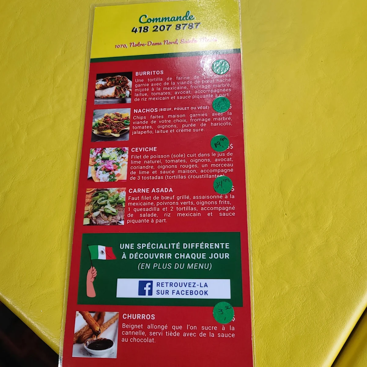 Menu, Maria Razo Cuisine Mexicaine