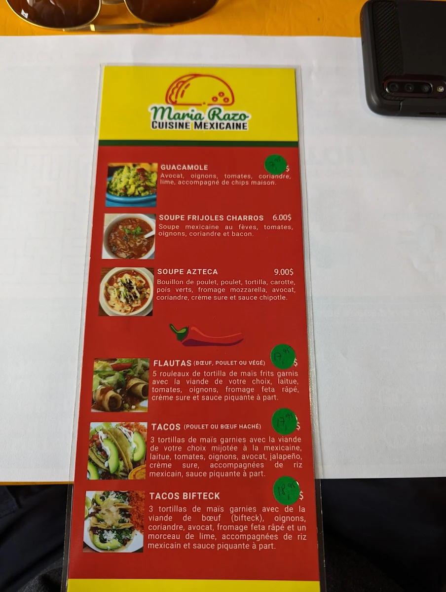 Menu, Maria Razo Cuisine Mexicaine