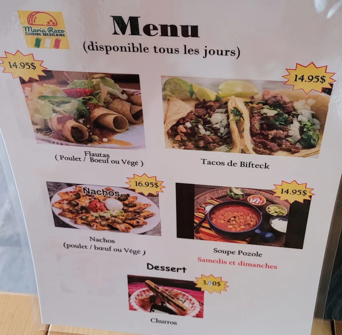 Menu, Maria Razo Cuisine Mexicaine