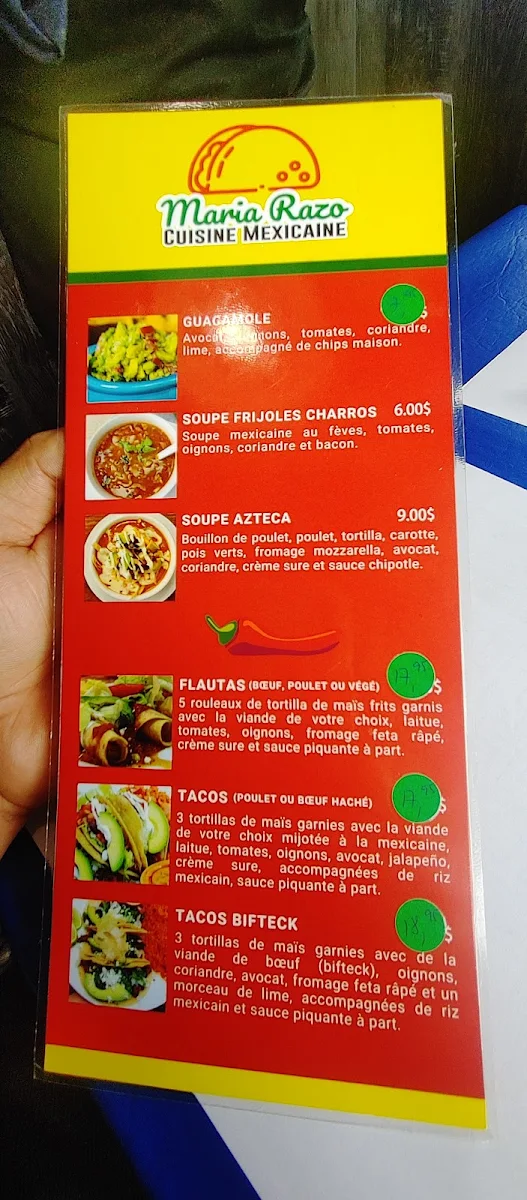 Menu, Maria Razo Cuisine Mexicaine