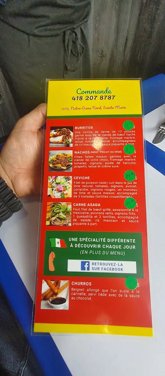 Menu, Maria Razo Cuisine Mexicaine