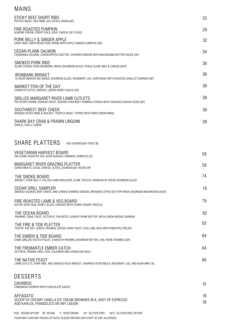 Menu, The Whippet Club