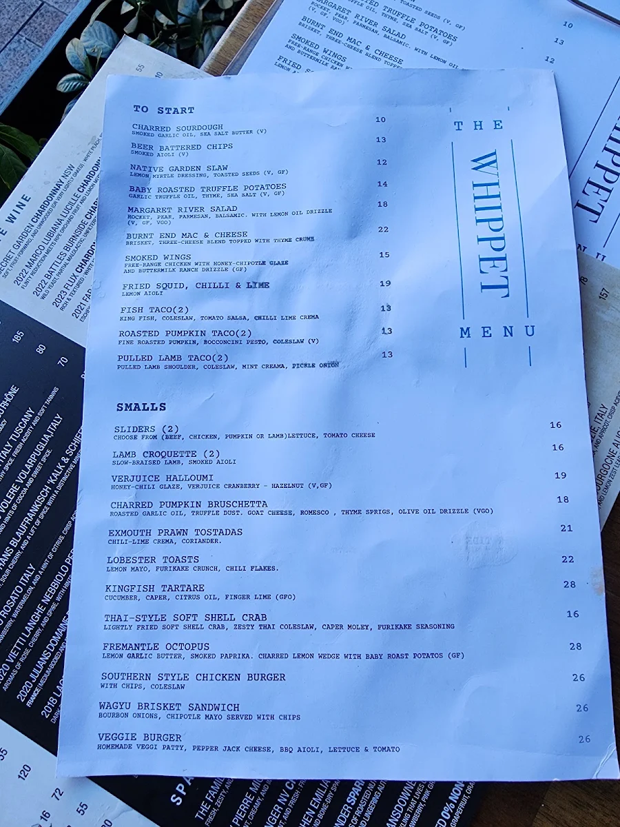Menu, The Whippet Club