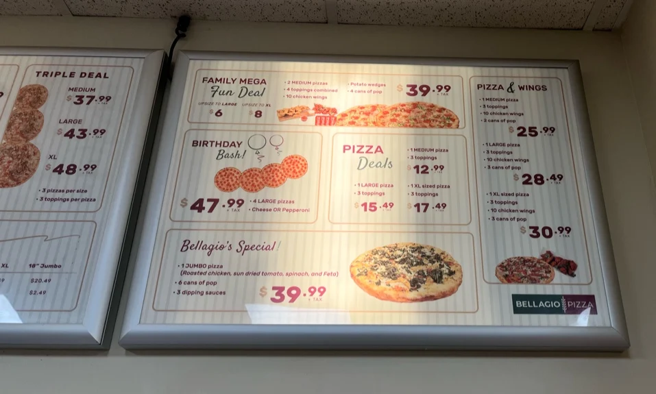 Menu, Bellagio Pizza