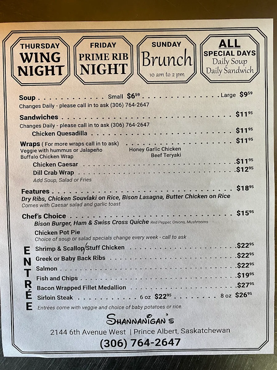 Menu, Shananigan's Bistro Coffee & Dessert Bar