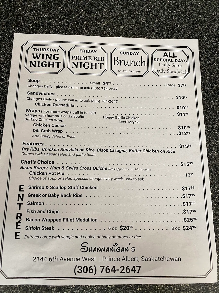 Menu, Shananigan's Bistro Coffee & Dessert Bar