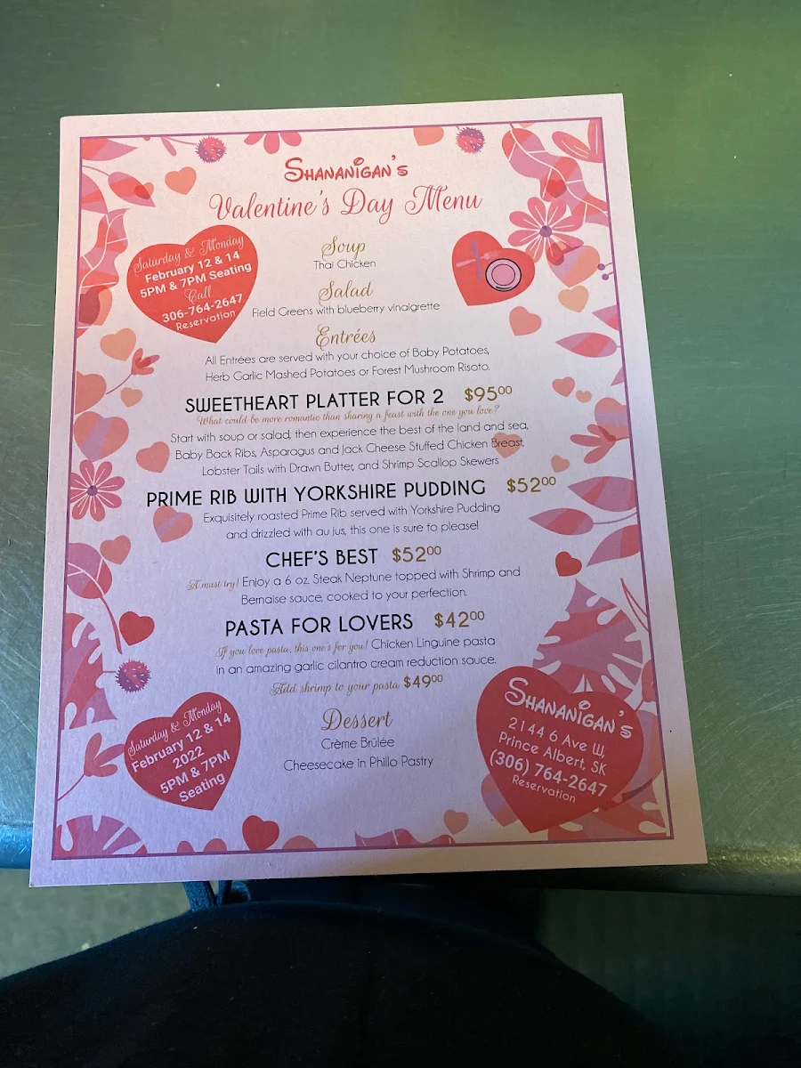 Menu, Shananigan's Bistro Coffee & Dessert Bar