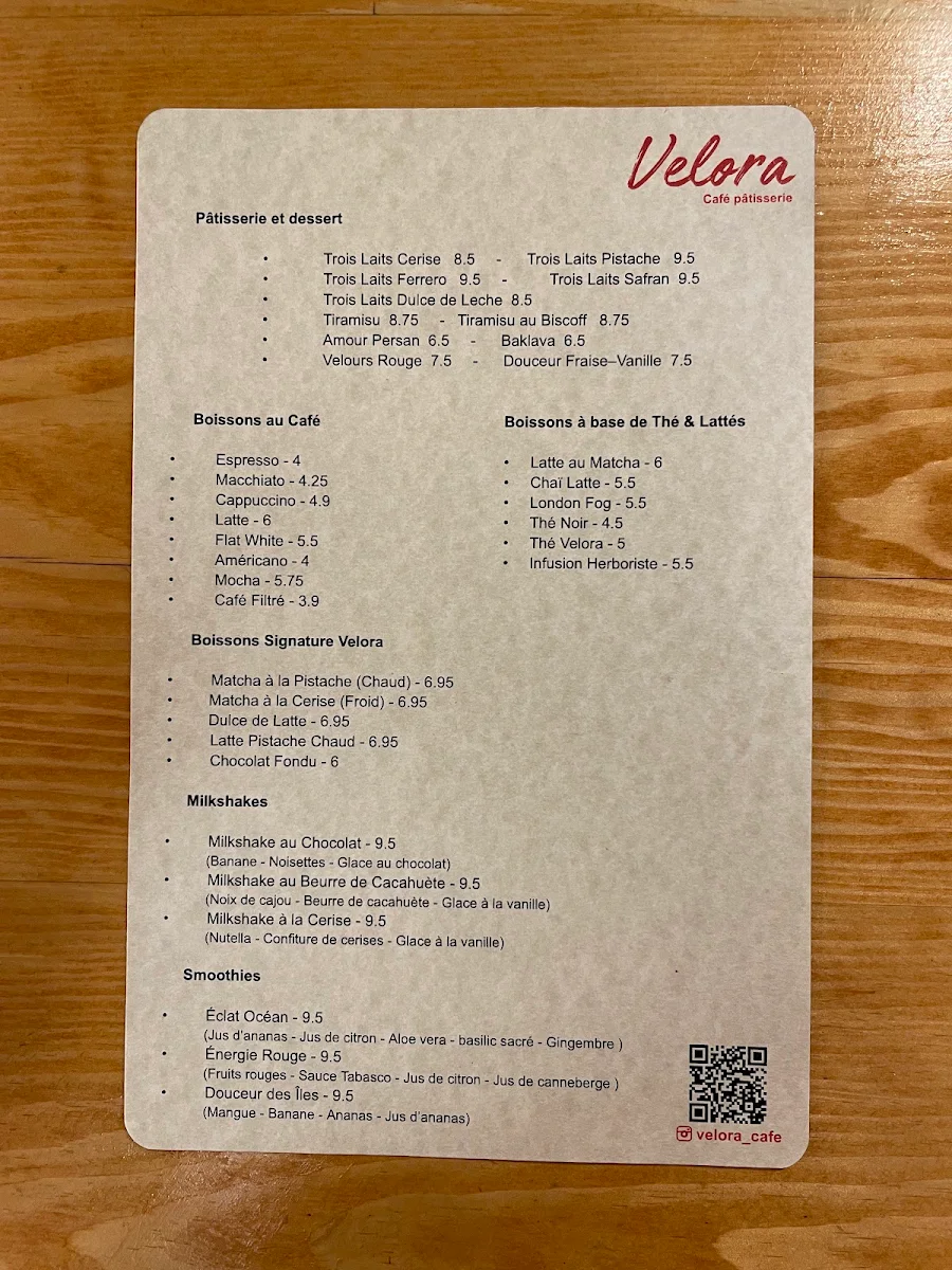 Menu, Velora Café Pâtisserie