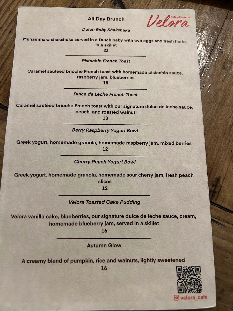 Menu, Velora Café Pâtisserie