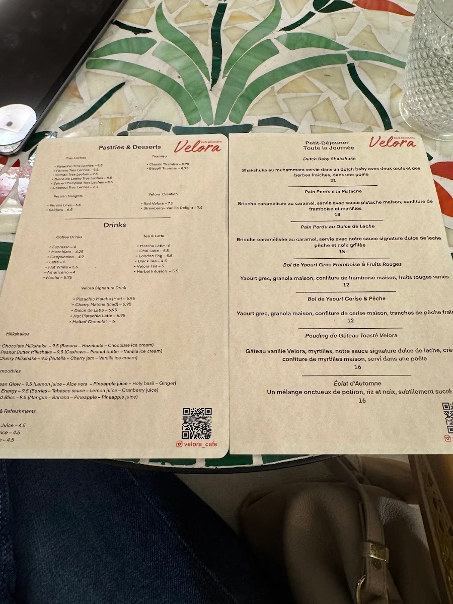 Menu, Velora Café Pâtisserie