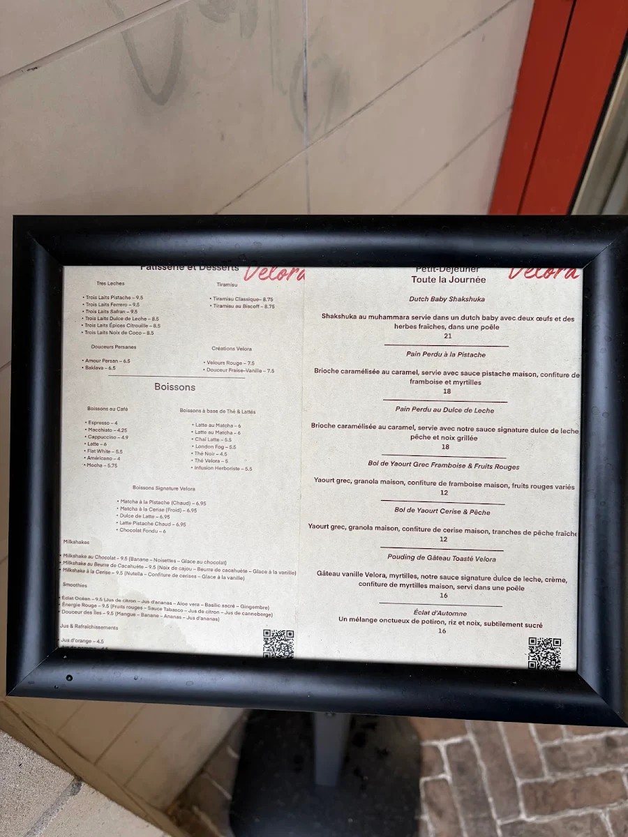 Menu, Velora Café Pâtisserie