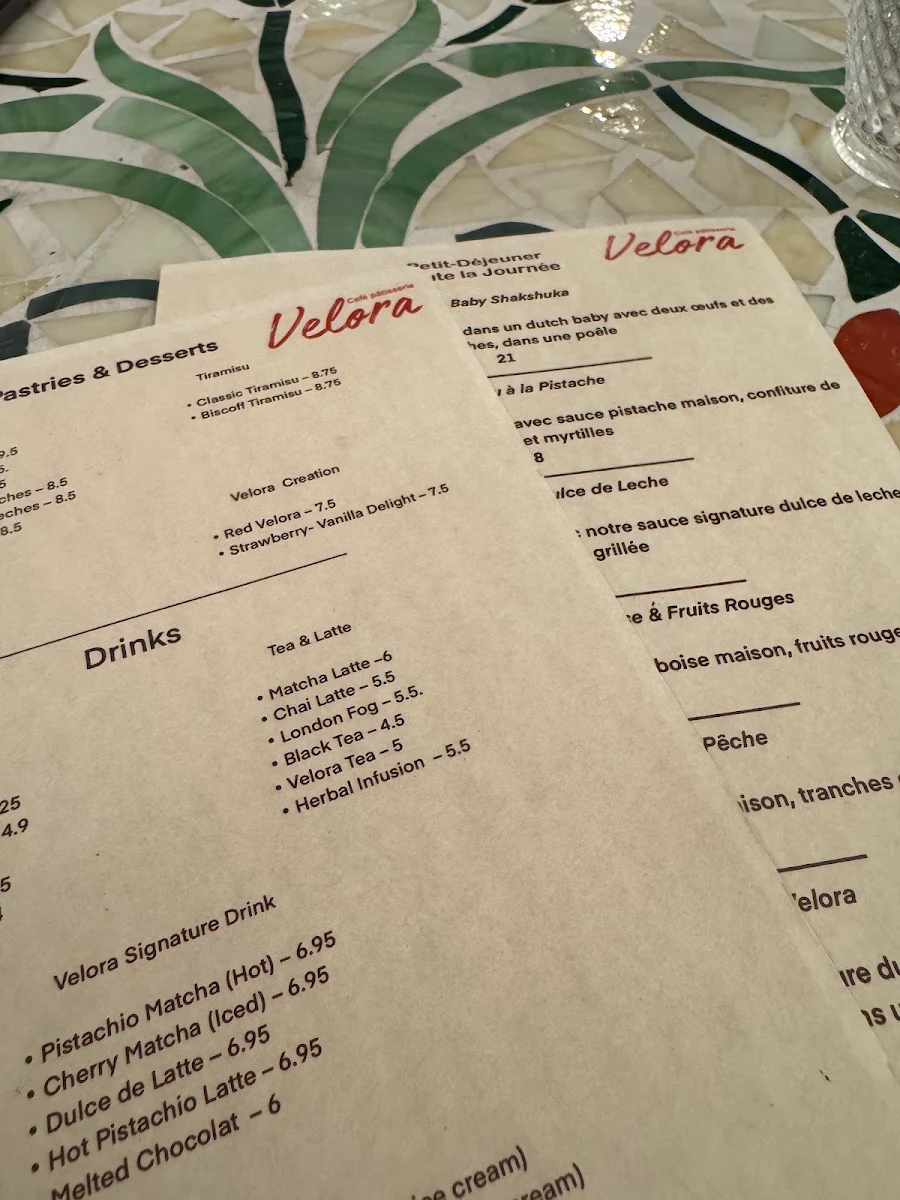 Menu, Velora Café Pâtisserie