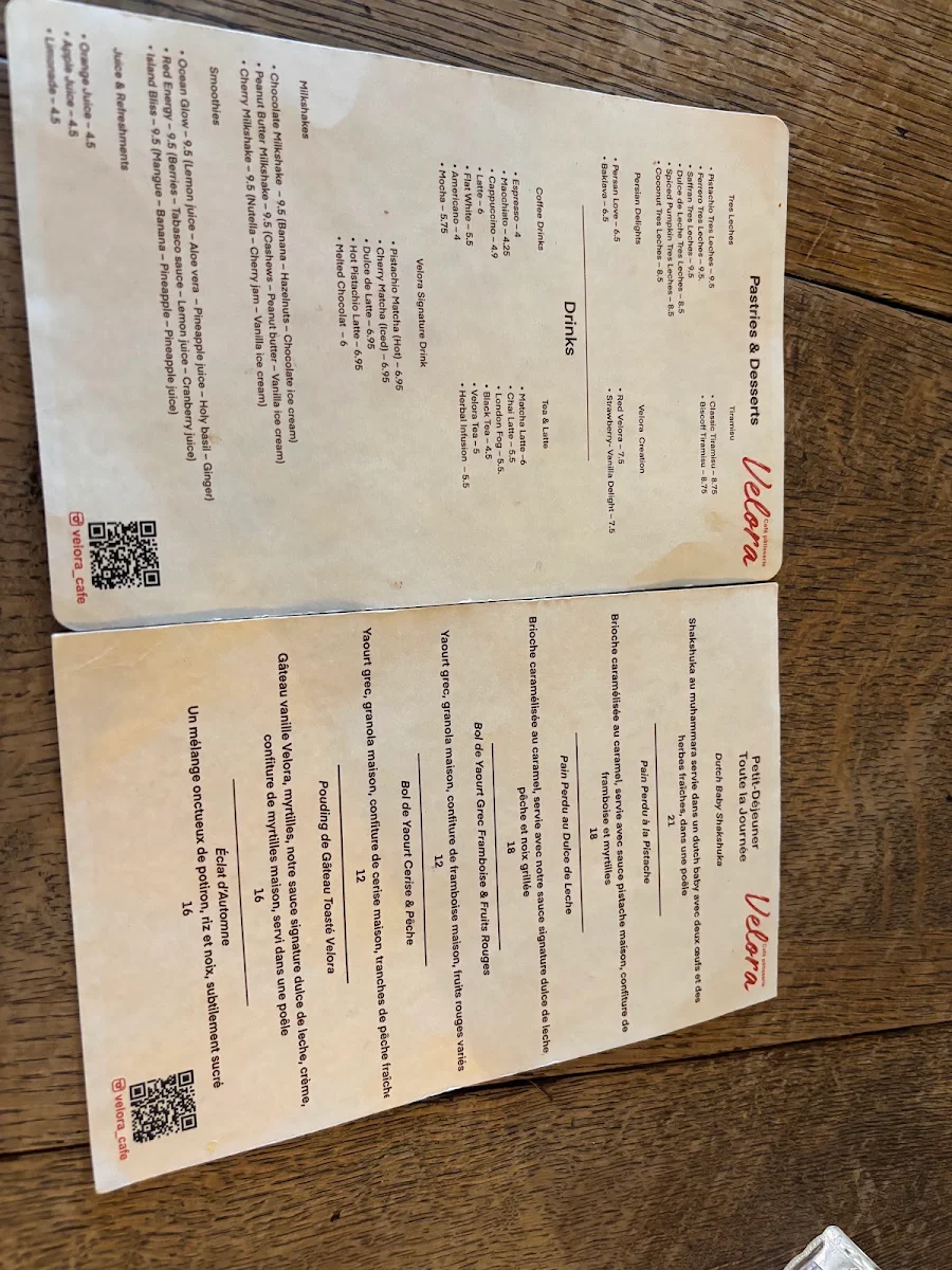Menu, Velora Café Pâtisserie