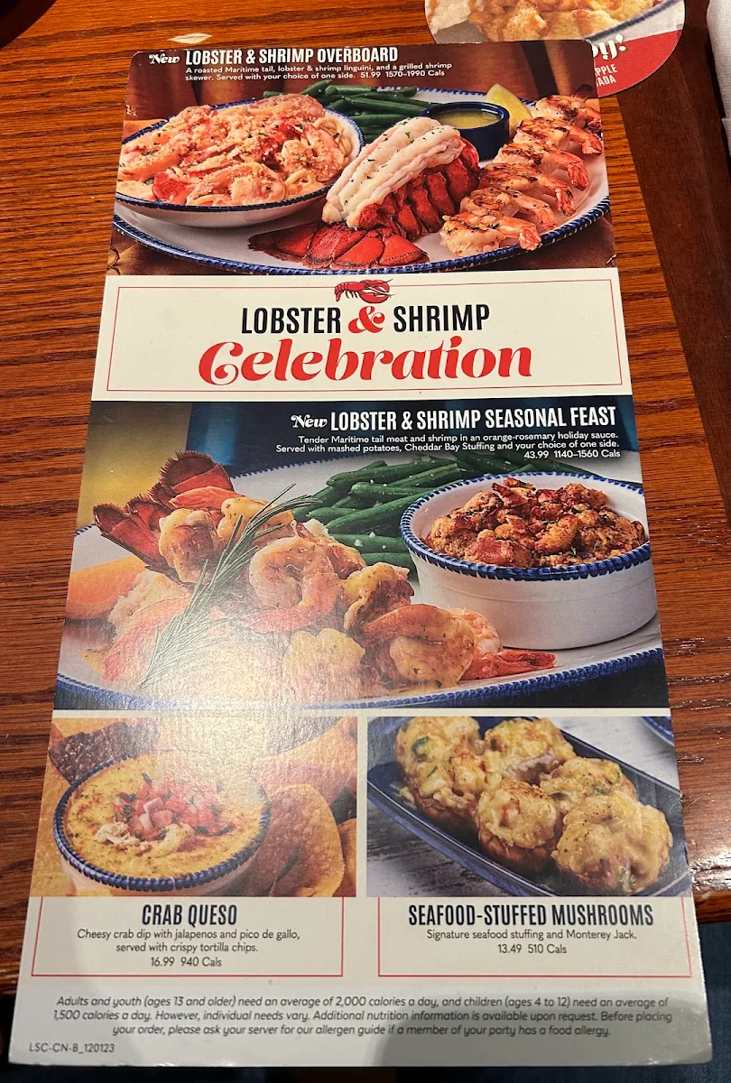 Menu, Red Lobster