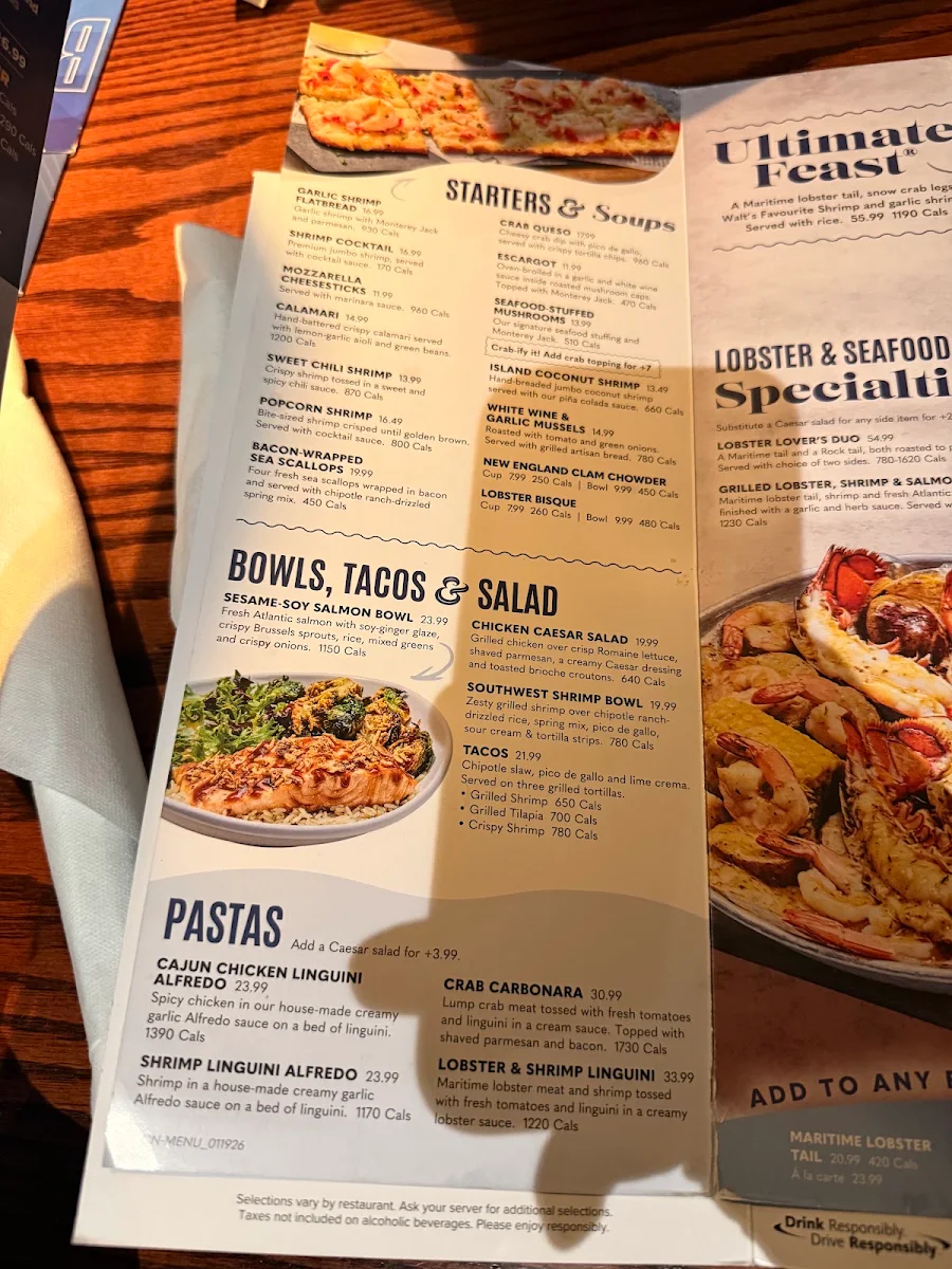 Menu, Red Lobster