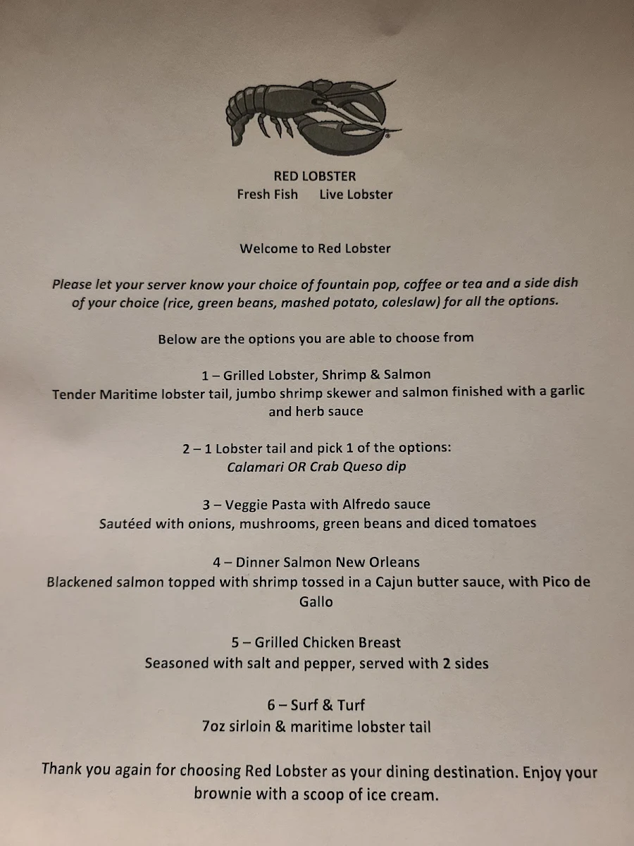 Menu, Red Lobster