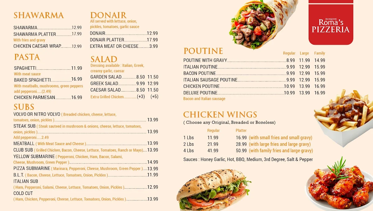 Menu, Roma's pizzeria