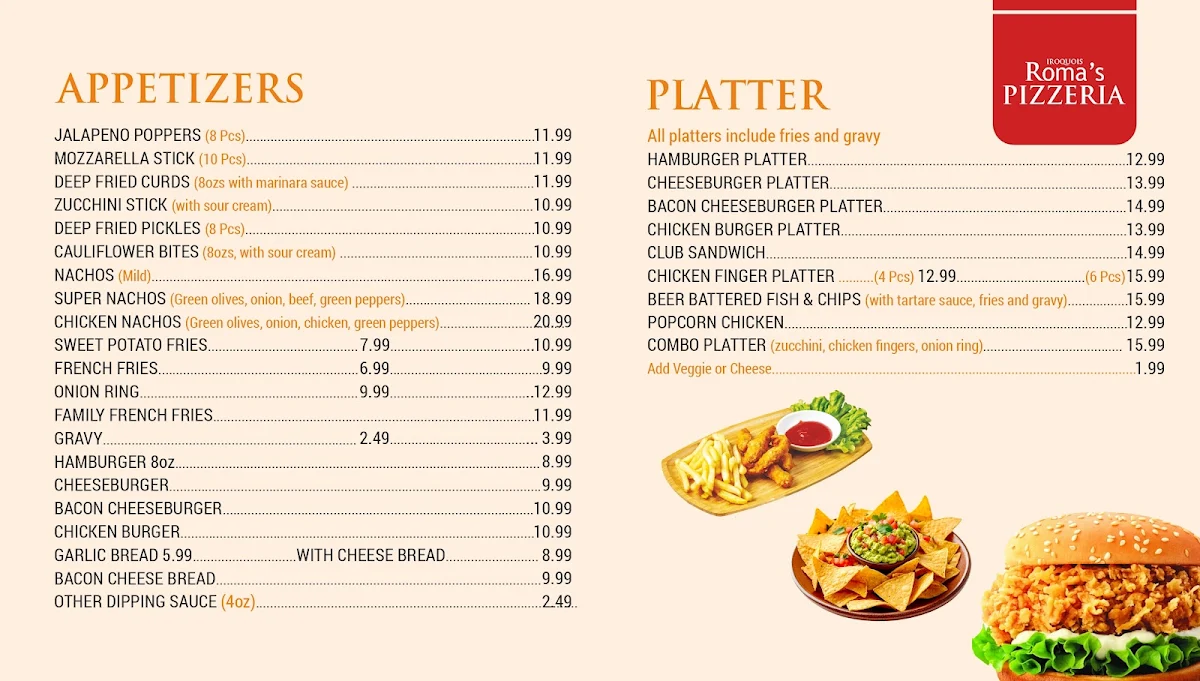 Menu, Roma's pizzeria