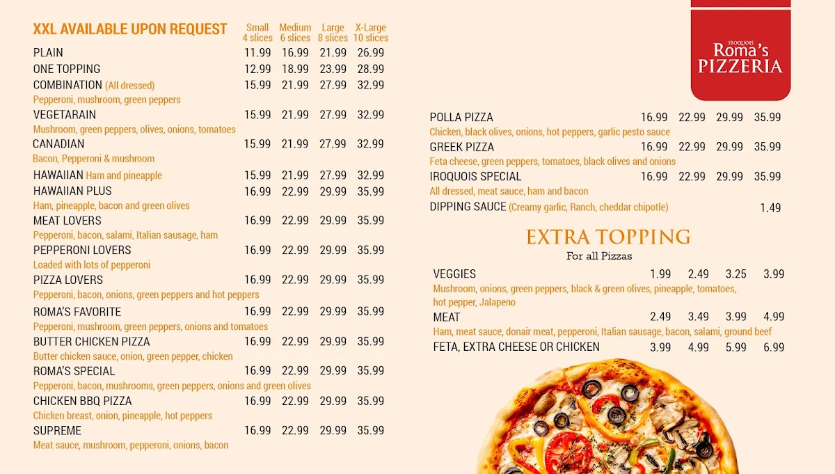 Menu, Roma's pizzeria