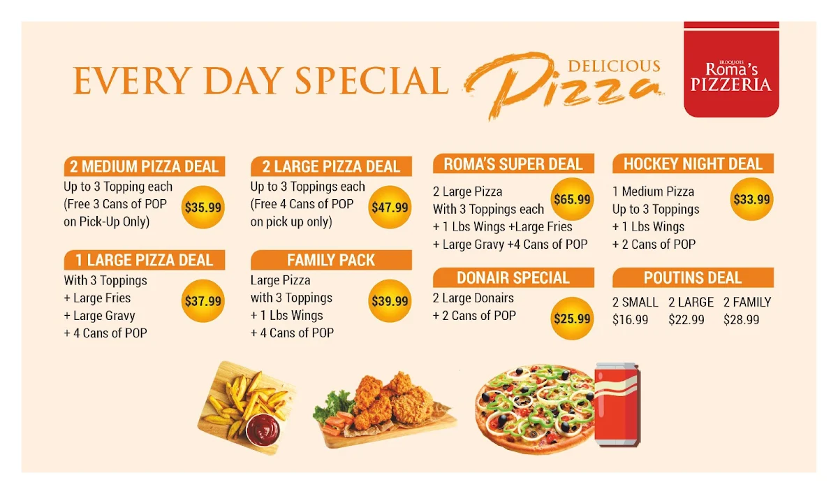 Menu, Roma's pizzeria