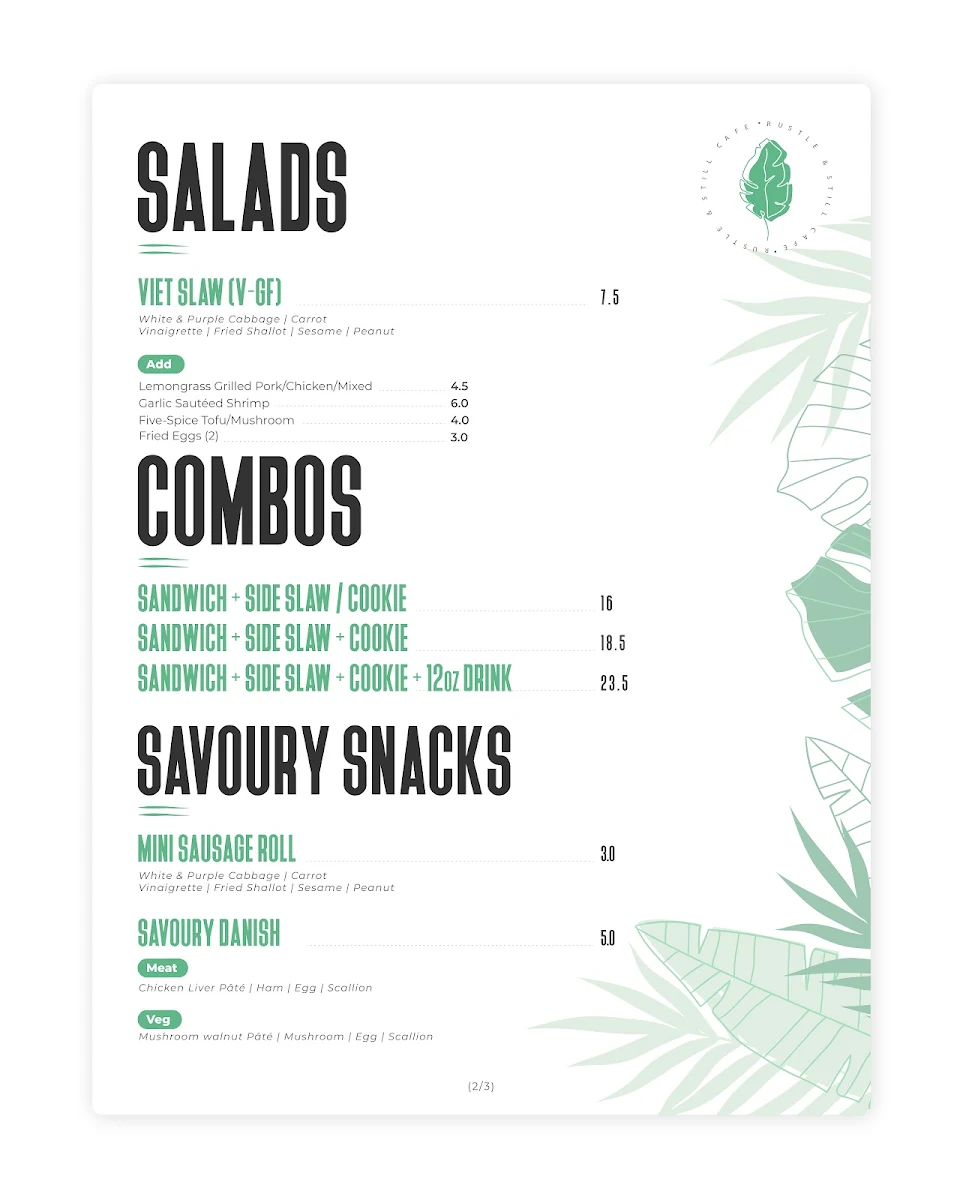 Menu, Rustle & Still Café