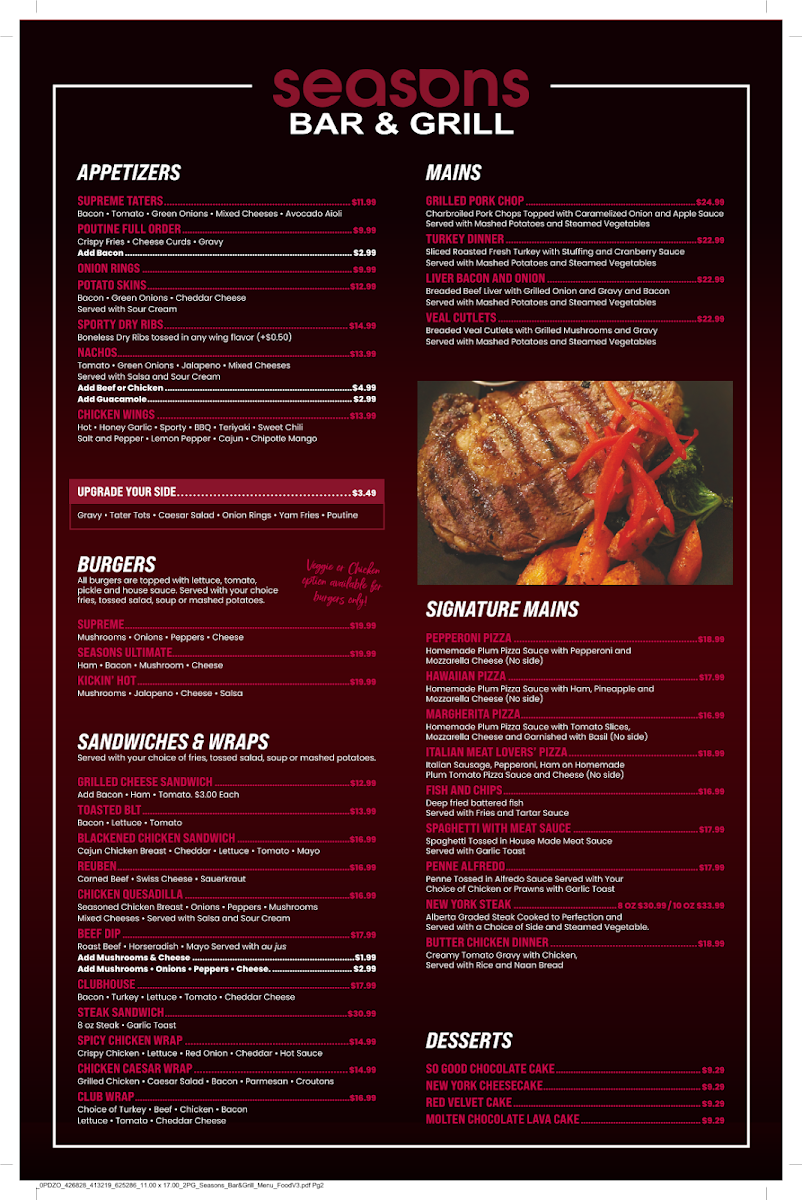 Menu, Seasons bar and grill