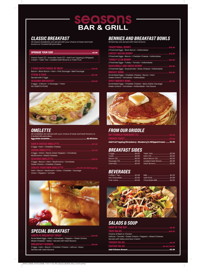 Menu, Seasons bar and grill