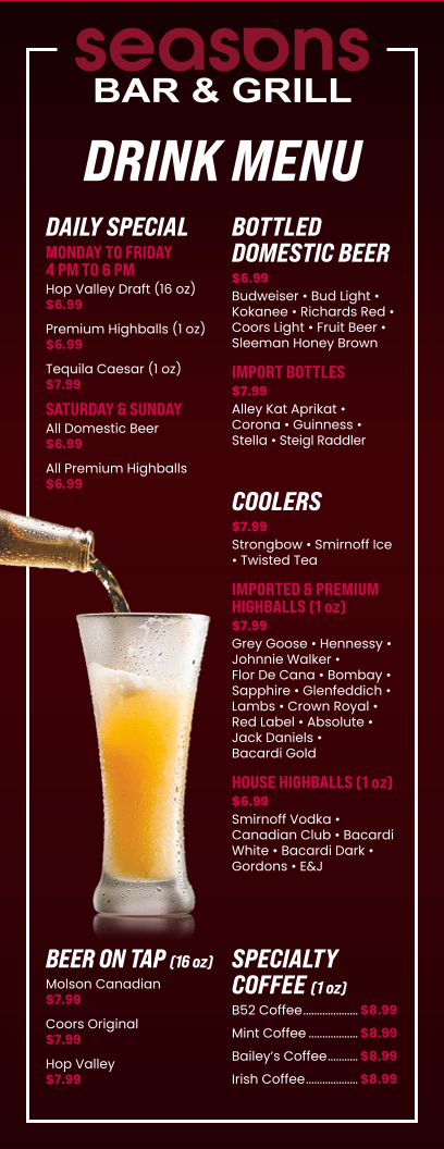 Menu, Seasons bar and grill