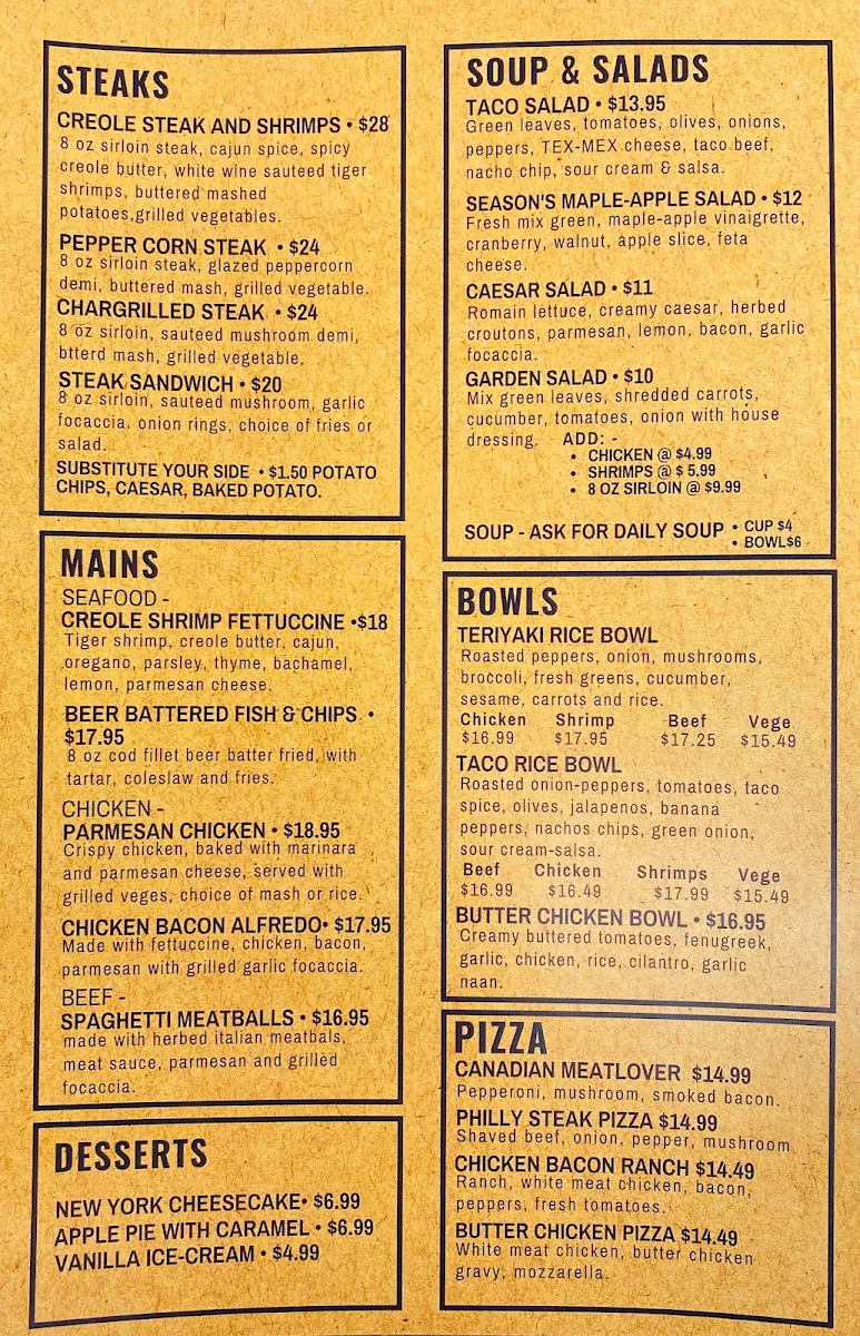 Menu, Seasons bar and grill