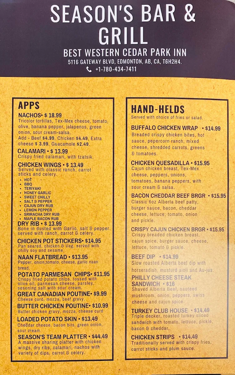 Menu, Seasons bar and grill