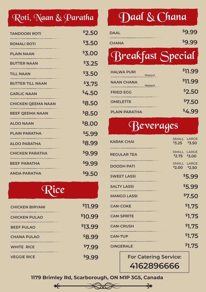 Menu, Paratha Kabab House