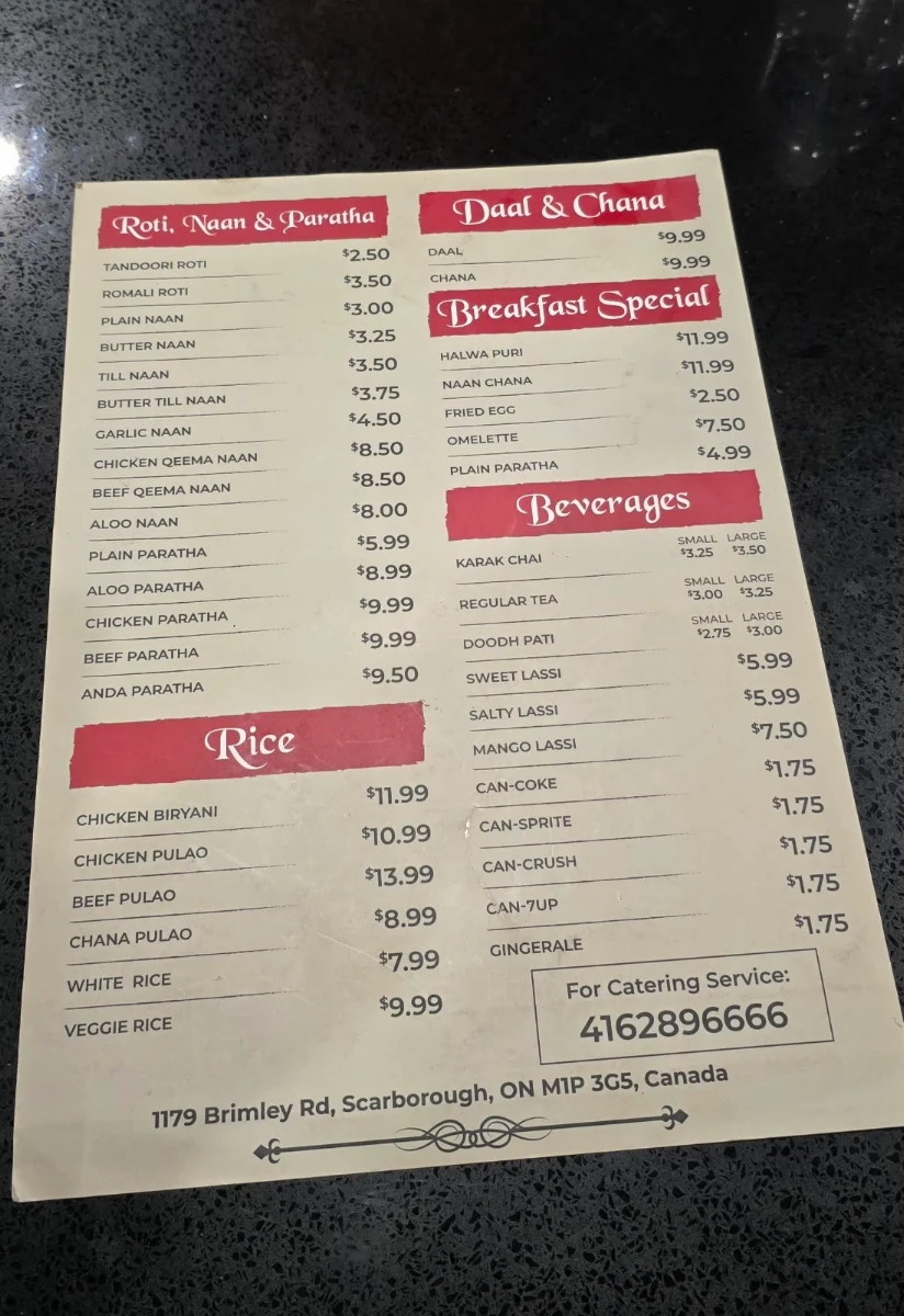 Menu, Paratha Kabab House