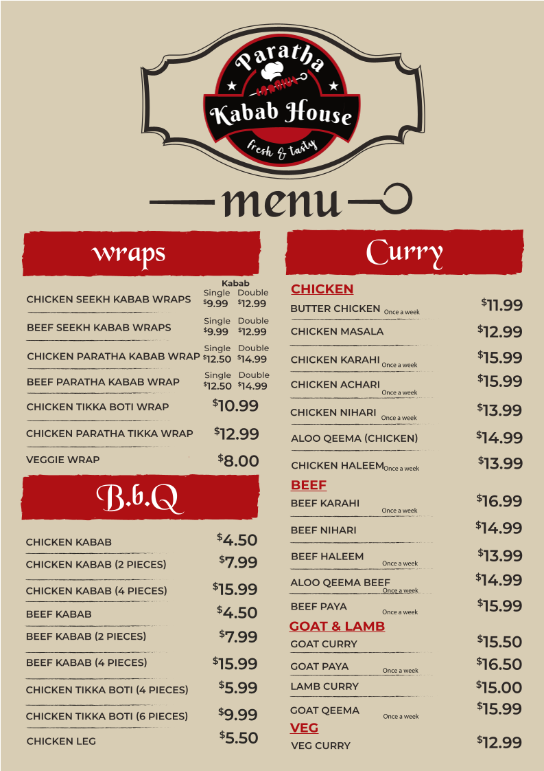 Menu, Paratha Kabab House
