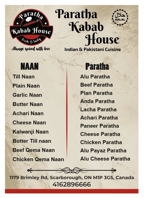 Menu, Paratha Kabab House