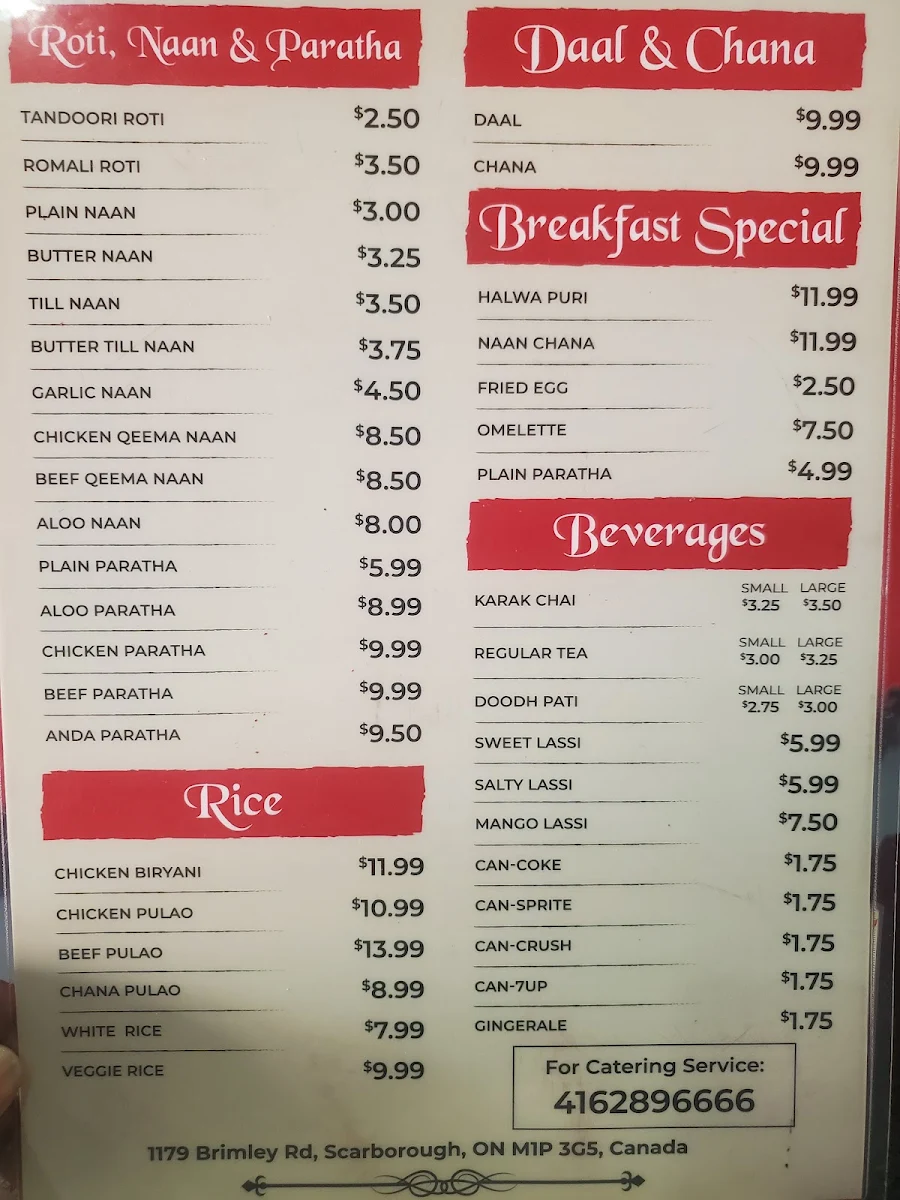 Menu, Paratha Kabab House